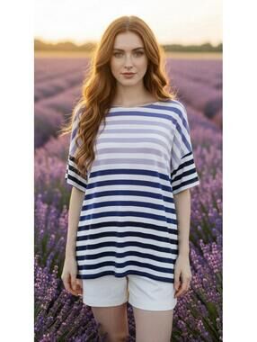 CHICO’S Women’s Striped Boat Neck Loose Fit Top in White-Size 3|US X-Large